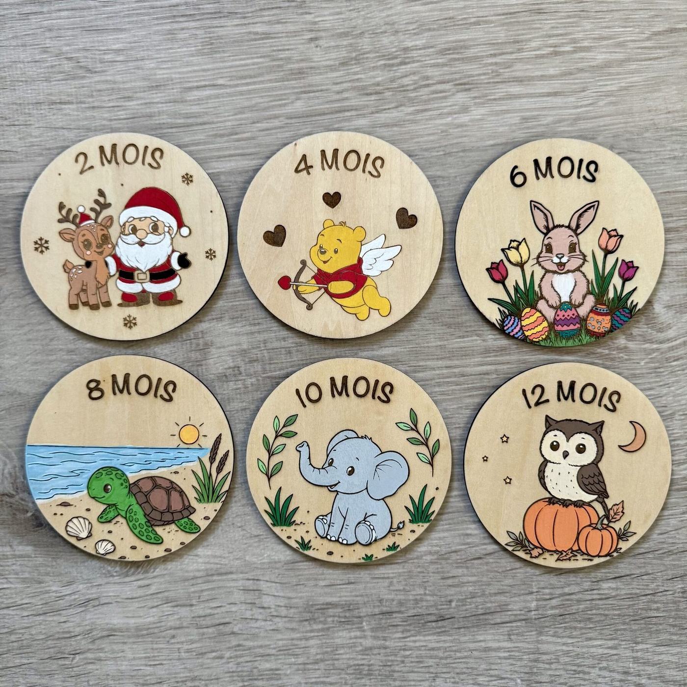 Carte étape ronde en bois, illustration saisonnière peinte à la main