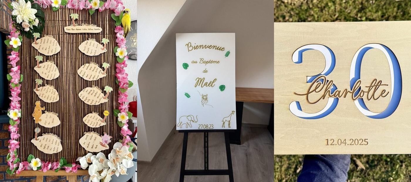 Plan de table de mariage, panneau de bienvenue de baptême et livre d'or d'anniversaire, créations L'Univers du Petit Bois