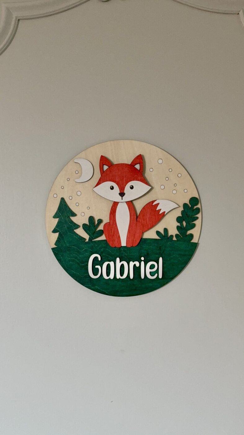 Décoration de porte en bois, thème renard, prénom Gabriel, créations L'Univers du Petit Bois