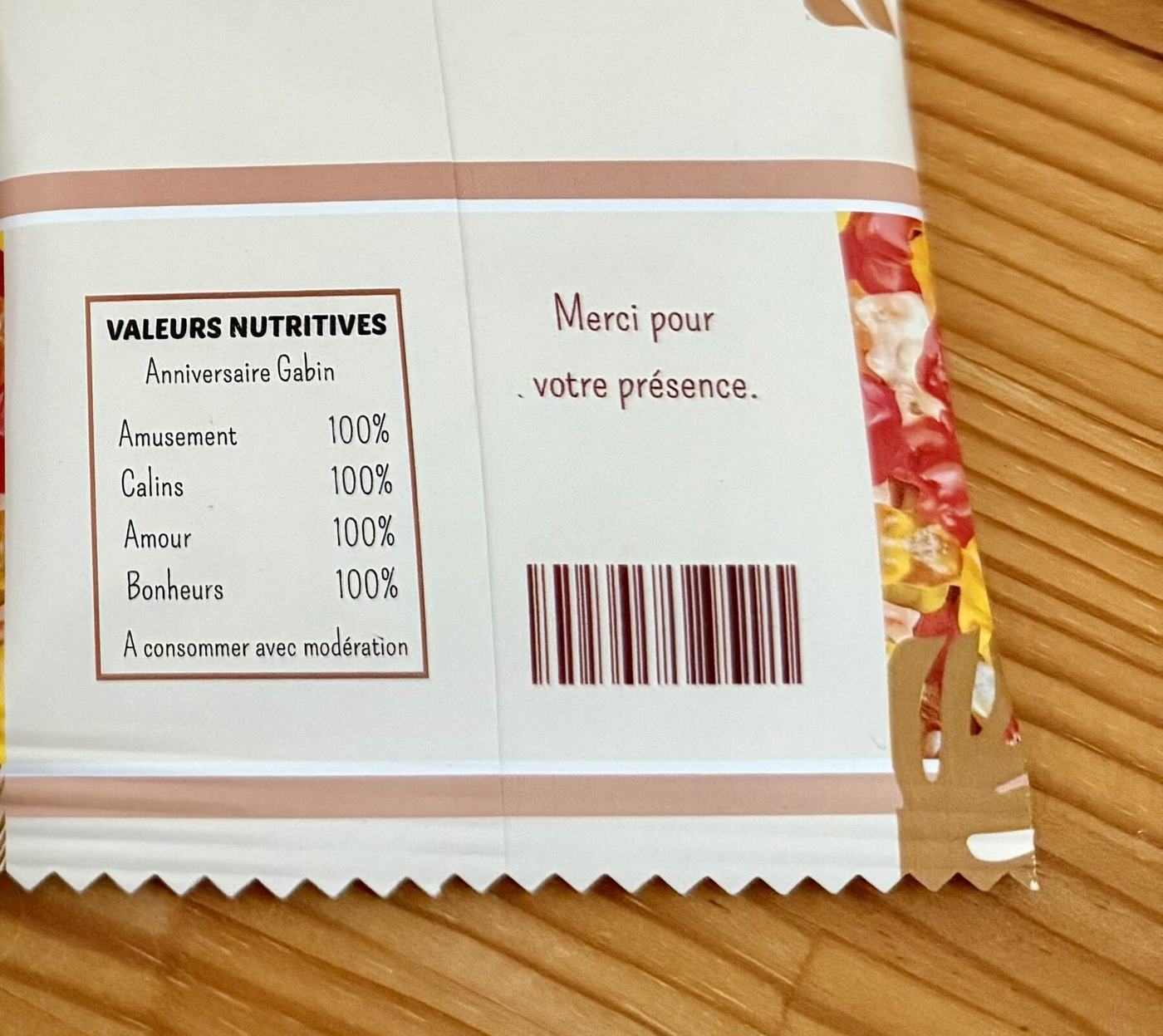 Dos du sachet Haribo personnalisé avec valeurs nutritives détournées et message de remerciement, créations L'Univers du Petit Bois