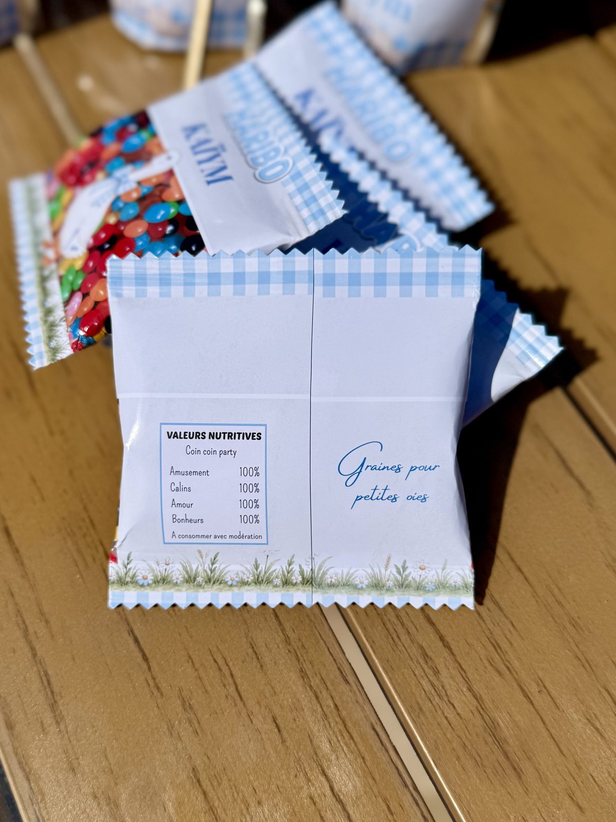 Dos du sachet Haribo personnalisé avec message et valeurs nutritives détournées, créations L'Univers du Petit Bois