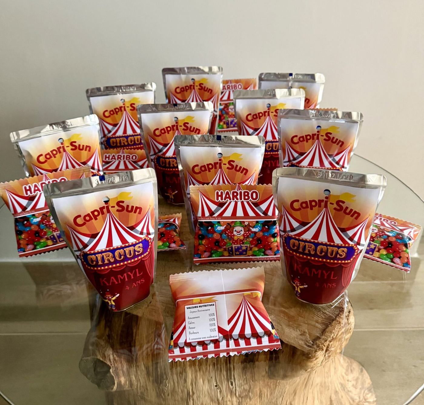 Capri-Sun et Haribo personnalisés thème Cirque, « Kamyl 4 ans », créations L'Univers du Petit Bois