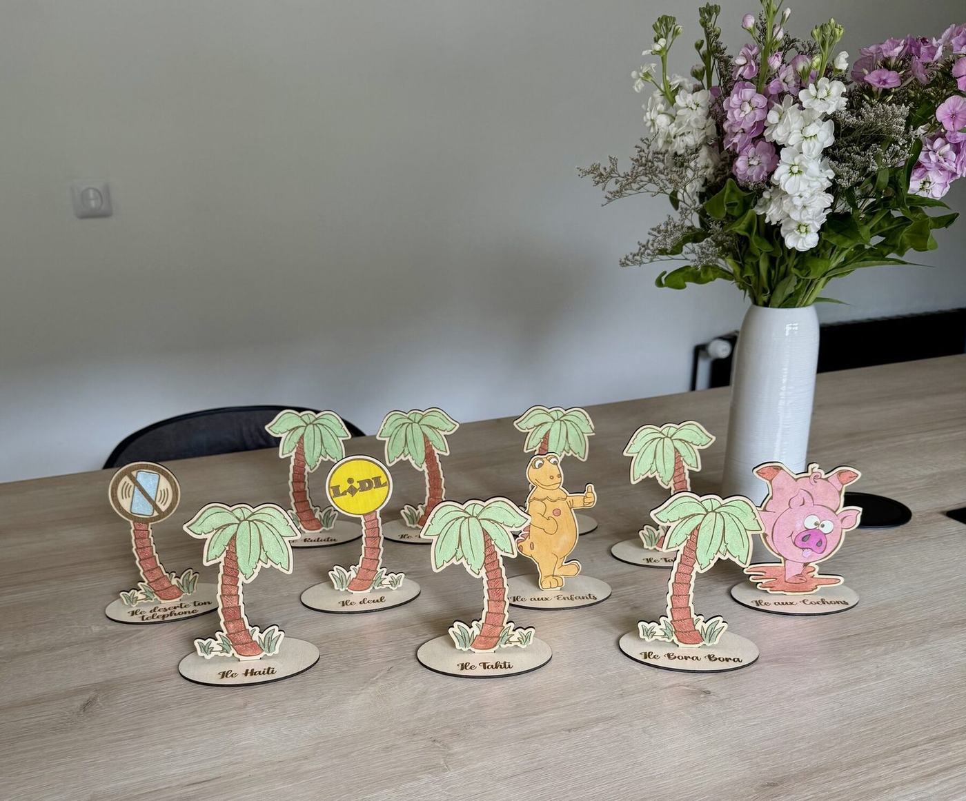 Centres de table de mariage, palmiers en bois peints à la main, créations L'Univers du Petit Bois