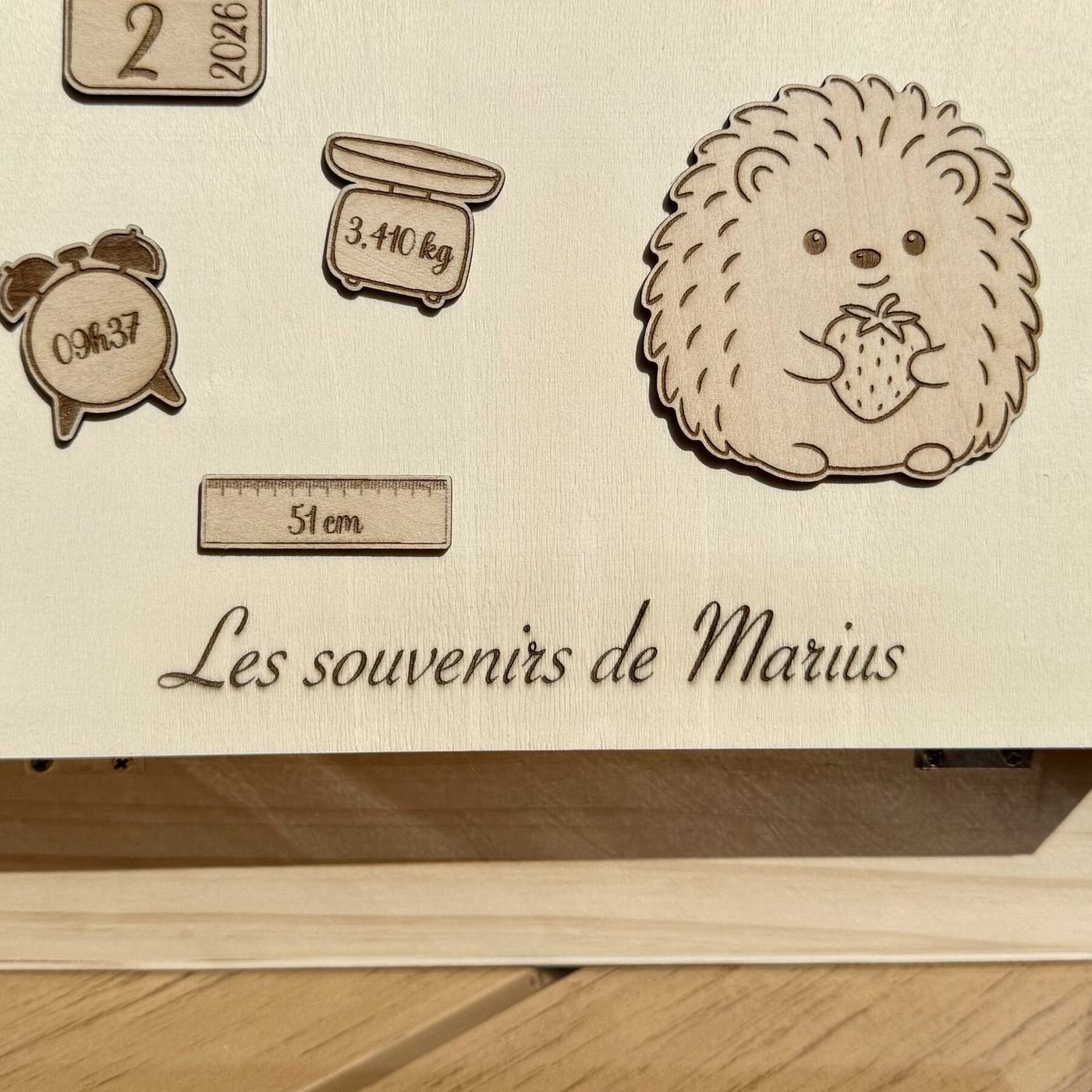 Valise fermée personnalisée avec gravure hérisson et fraise, texte Les souvenirs de Marius